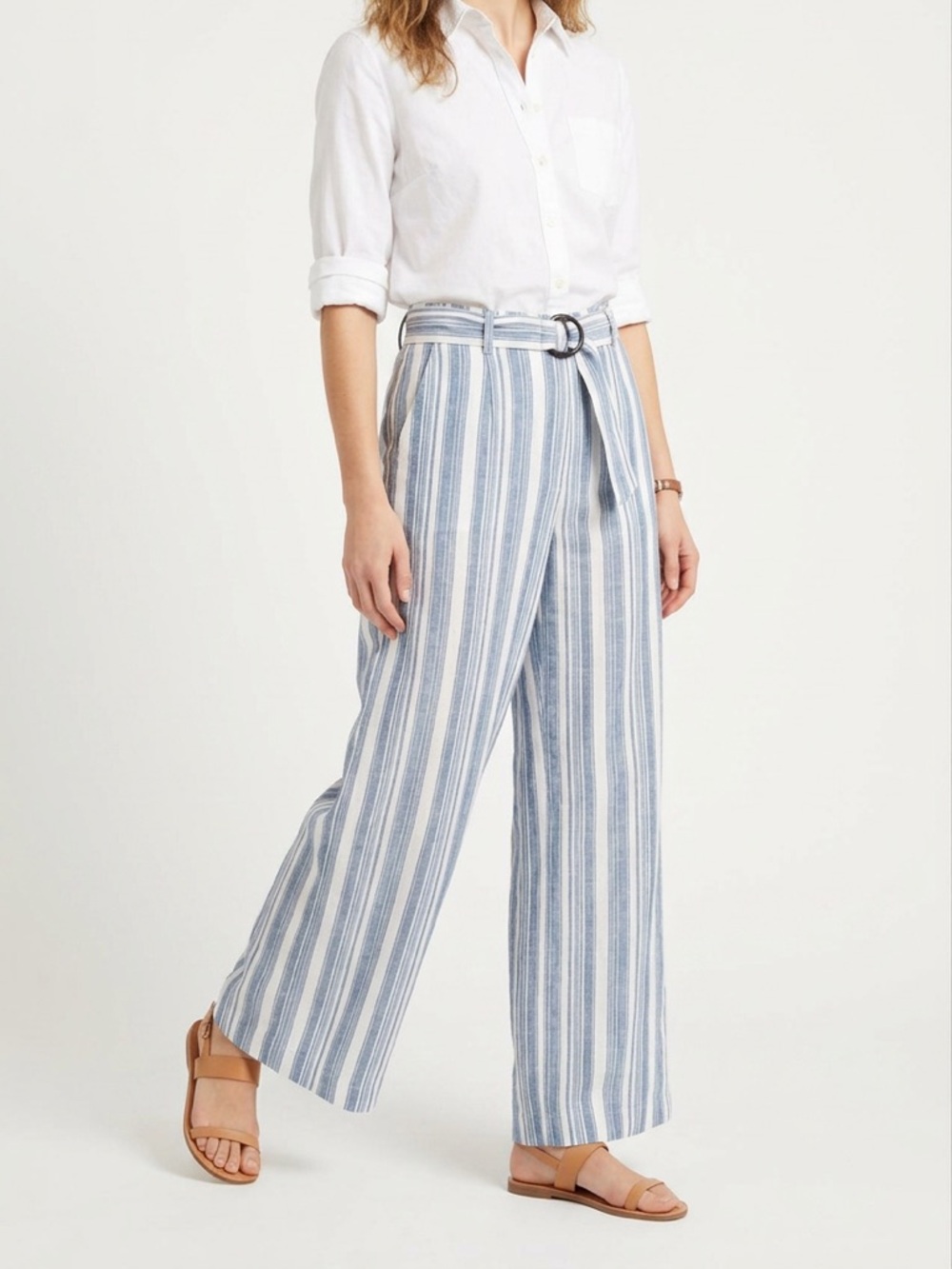 C EST. 1946 Flowy Linen Paper-bag Striped Wide Leg Pants